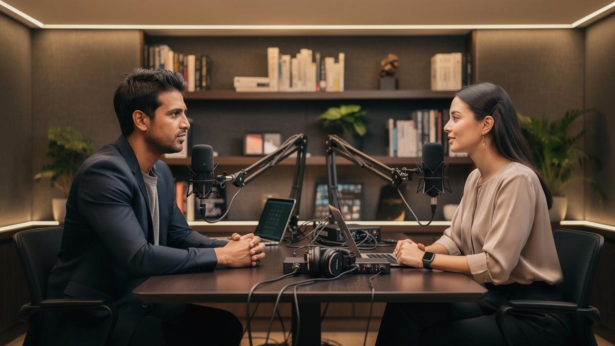 Podcast recording session with founders in a premium studio