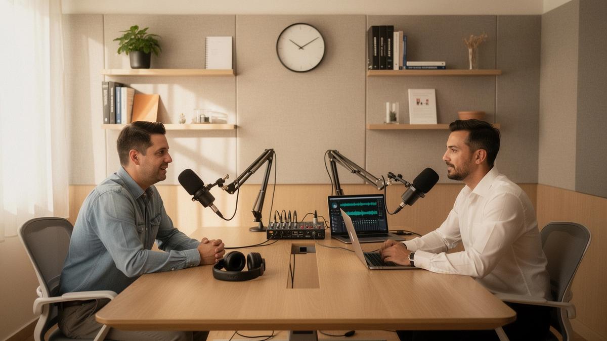Podcast studio interview with founder and host in a warm business setting